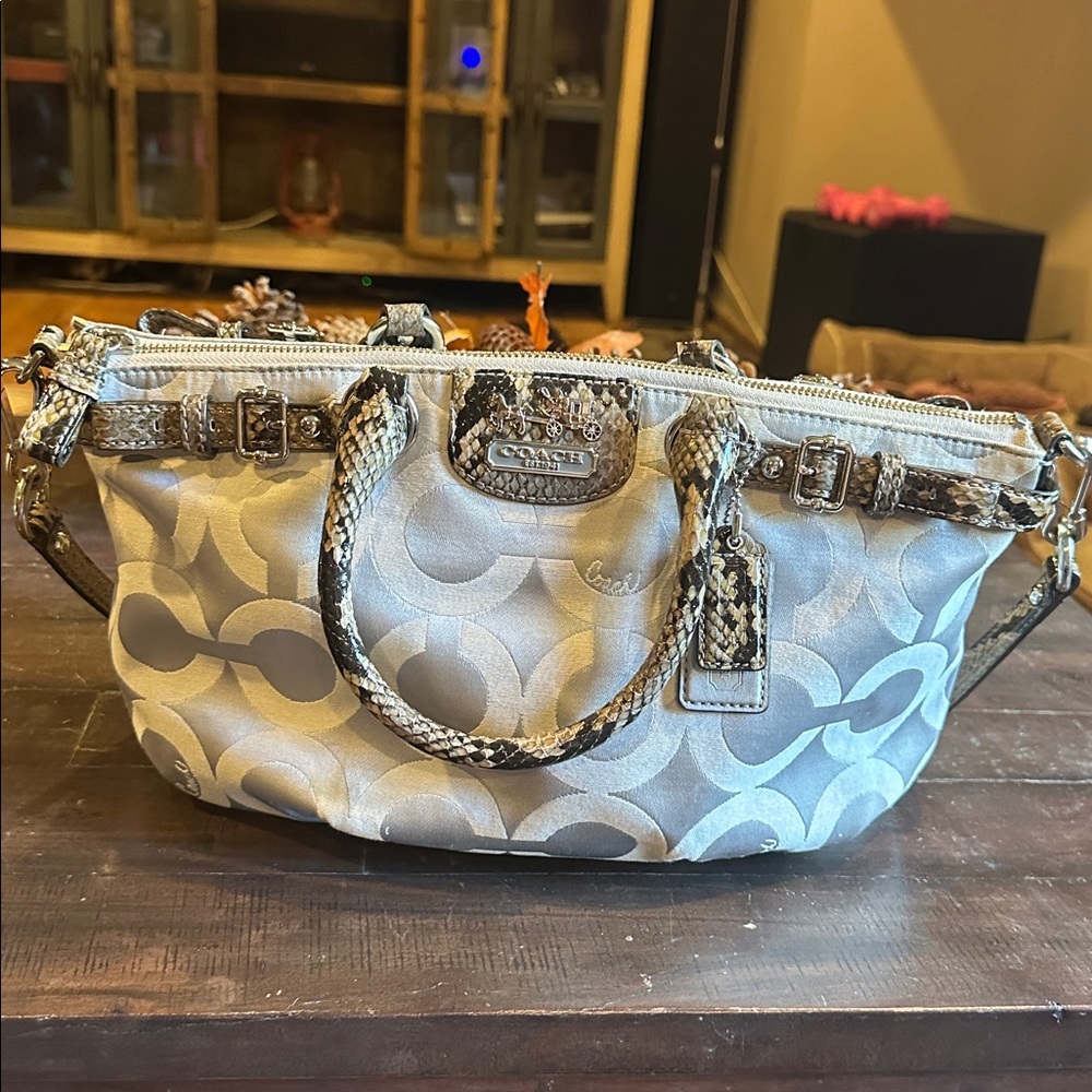 COACH 18650 Signature Op Art Madison Gray Sateen Sophia Snakeskin straps